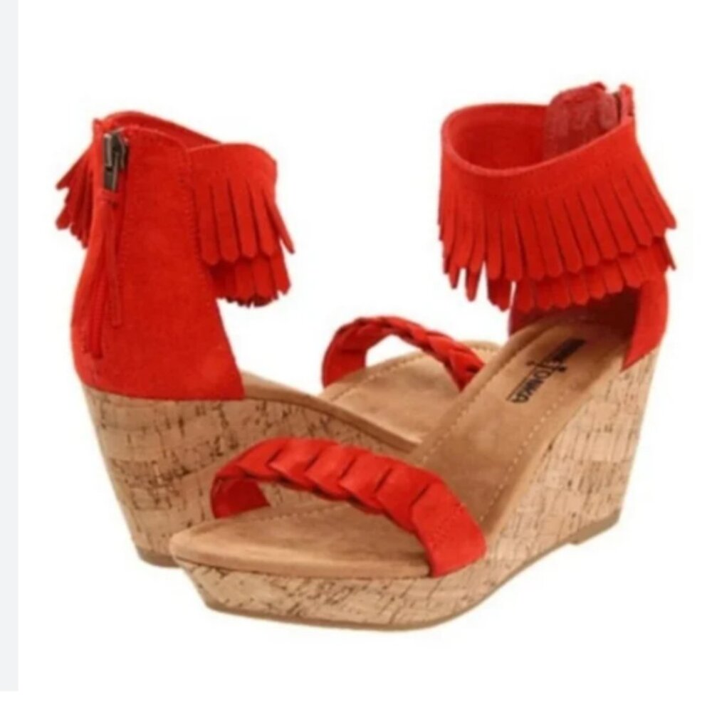 Minnetonka Nicki Leather Cork Wedge in Poppy Red